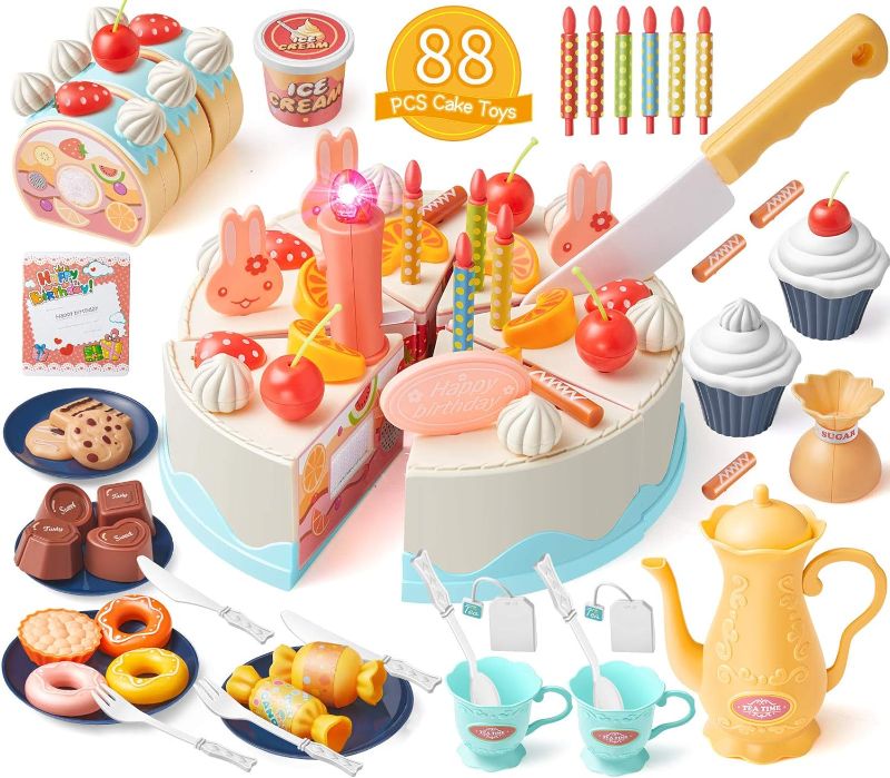 Photo 1 of Birthday Cake Toys Set, Geyiie Cake Play Tea Party Dessert Set with Light, 88 PCS Pretend Play Cutting Food with Chocolate,Fruit Decor,Candles and More,Gift Choice for Toddlers Boys Girls