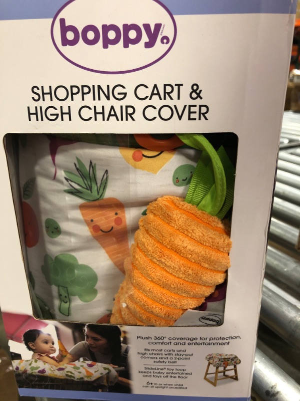 Photo 2 of Boppy Shopping Cart and High Chair Cover, Multi-color Farmers Market Veggies, with Changeable SlideLine Carrot Toy, Plush Comfort with 2-point Safety Belt, Wipeable and Machine Washable, 6-48 Months