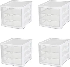 Photo 1 of Sterilite 17918004 3 Drawer Unit, White Frame with Clear Drawers, Pack of 4 & 16428012 6 Quart/5.7 Liter Storage Box, White Lid with Clear Base (Pack of 12) Drawer Unit + Storage Box