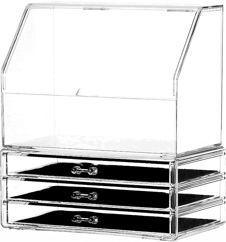 Photo 1 of Cq acrylic Cosmetic Display Cases With LId Dustproof Waterproof for Bathroom Countertop Stackable Clear Makeup Organizer and Storage With 3 Drawers,