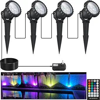 Photo 1 of **RED ONLY** Spotlights Outdoor, 12W 800lm RGB Color Changing Landscape Lights 110V Plug in LED Spot Lights with Remote, IP66 Waterproof Outdoor Lights for Tree Yard House, 46.5ft Cord, UL Listed, 4 Pack