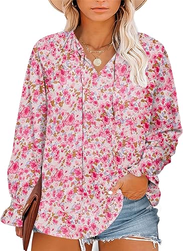 Photo 1 of Eytino Women Plus Size Tops Boho Floral Printed V Neck Long Sleeve Chiffon Blouse Shirts(