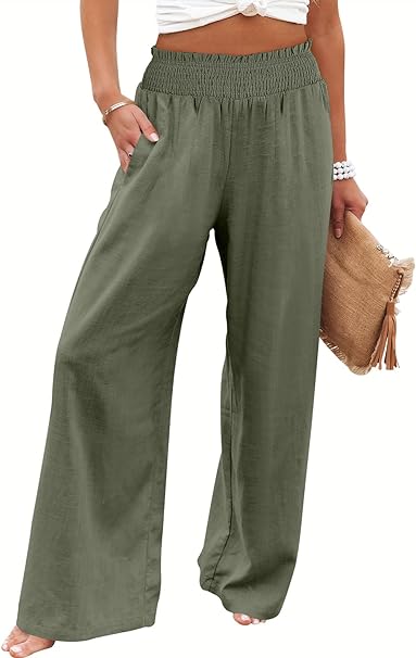 Photo 1 of Caracilia Womens Linen Pants Wide Leg Palazzo Lounge Pant High Waisted Flowy 2024 Summer Beach Work Boho Casual Trousers 15_ Dark Grey Small