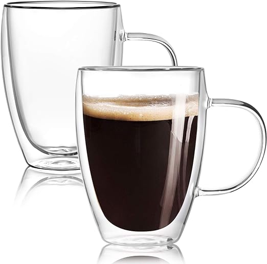 Photo 1 of 12 Oz Double Walled Glass Coffee Mugs with Handle Set of 2,Insulated Layer Coffee Cups,Clear Borosilicate Glass Mugs,Gift for Cappuccino,Tea,Latte,Espresso,Hot Beverage