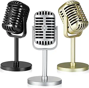 Photo 1 of 3 Pcs Retro Microphone Props Vintage Microphone Toy Prop with Stand Model Plastic Fake Microphone Antique Prop Mic for Party Role Play Stage Table Decorations, 6.5 x 3.15 x 3.15 Inch, 3 Colors