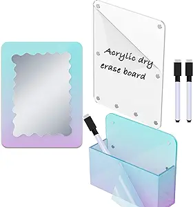 Photo 1 of Iridescent Locker Accessories, Magnetic Locker Mirror and Pen Holder & Acrylic Magnetic Dry Erase Board for Fridge, Office, Back to School Essential Locker Set for Locker Organizer, Rectangle