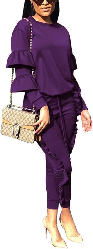 Photo 1 of MEDIUM KANSOON Women 2 Pieces Outfits Puff Sleeve Top and Long Flounced Pants Sweatsuits Set Tracksuits