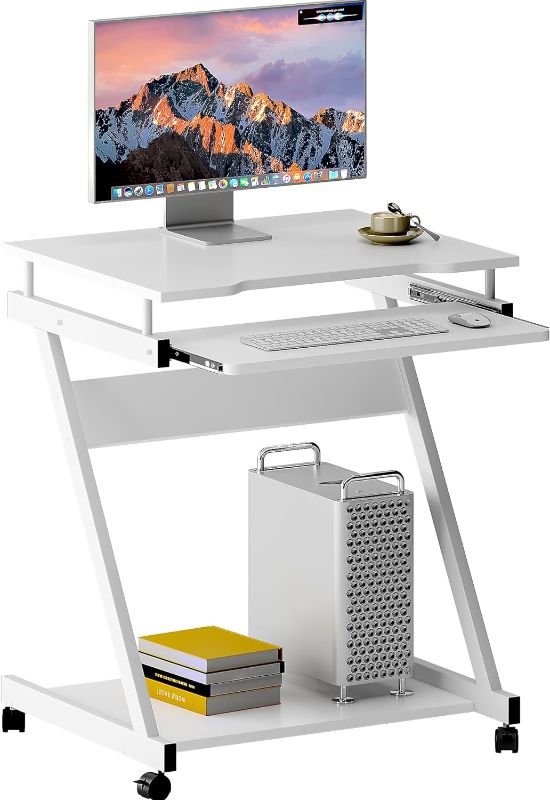 Photo 1 of soges Small Rolling Computer Desk, Z Shape Laptop Desk Cart on Wheels, Mobile Computer Workstation for Home and Office with Keyboard Tray, White 