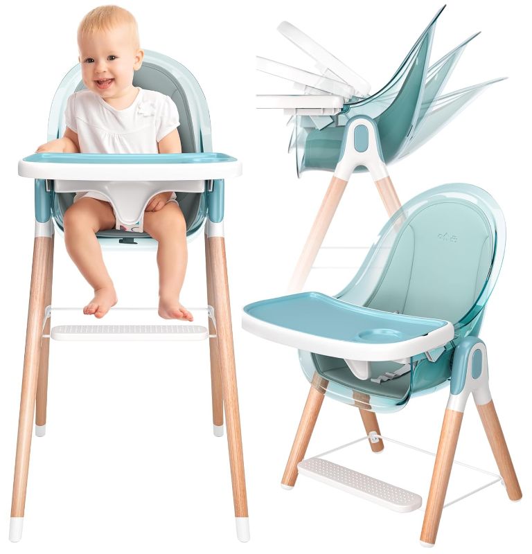Photo 1 of Baby High Chair, 6 in 1 Baby Eating Chair,Wooden High Chair for Babies & Toddlers with Adjustable Legs, Removable Tray, 5-Point Safety Harness & Waterproof PU Cushion. Green
