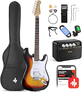 Photo 1 of Donner 39 Electric Guitar Beginner Kit Solid Body Full Size Sunburst HSS for Starter with Amplifier Bag Digital Tuner Capo Strap String Cable