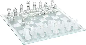 Photo 1 of 14 Inche Glass Chess Set Glass Board with Frosted and Clear Pieces Felted Bottom for Adult and Teens