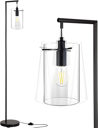 Photo 1 of RORIANO Industrial Floor Lamp, Modern Standing Lamp with Hanging Clear Glass Shade, Farmhouse Rustic Tall Pole Lamp with Foot Switch for Living Room Bedroom Office, LED Bulb Included (Black)