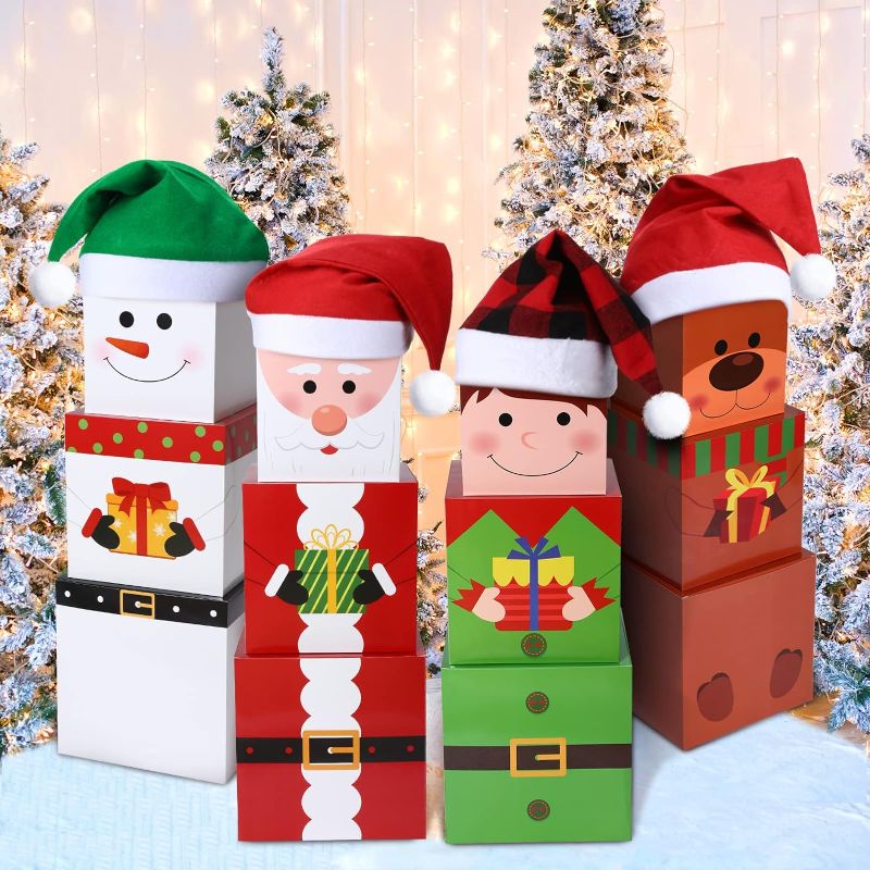 Photo 1 of 16 Pieces Christmas Stacking Boxes with Hats in 4 Designs Stackable Snowman Gift Box Tower Xmas Nesting Boxes Decorative Christmas Stacking Gift Boxes for Gift Wrapping Party Favors to Make A Snowman