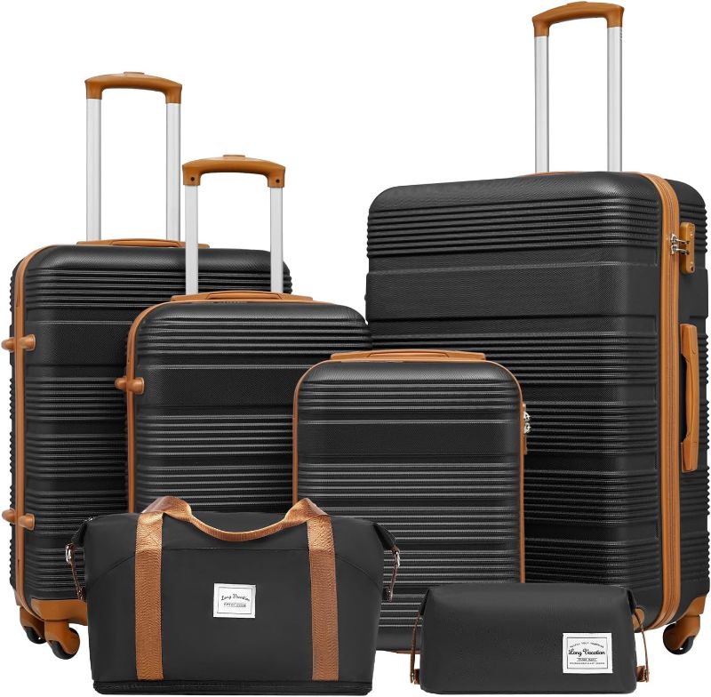 Photo 1 of LONG VACATION Luggage Set 4 Piece ABS Hardshell Suitcase with TSA Lock Spinner Wheels Lightweight Carry on Luggage (6 piece set, BLACK-BROWN)
