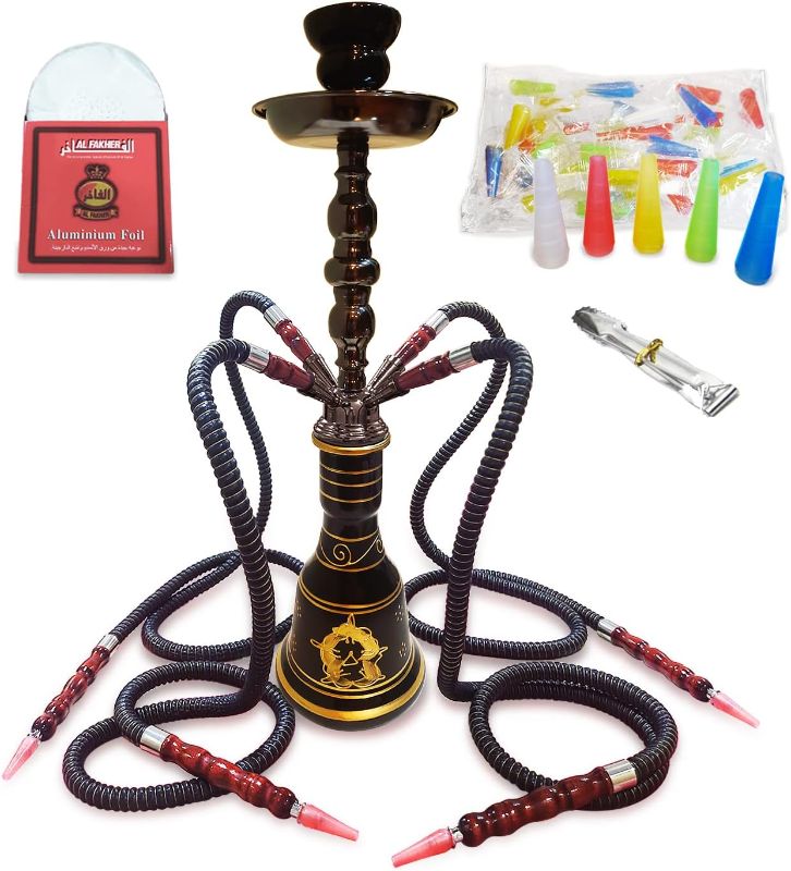 Photo 1 of 22" Premium Hookah Set with 4 Hose, Complete Hookah Accessories Shisha Hookah Kit with 50 Disposable Tips, 50 Pre-Punched Aluminum Foil Coal Tong(Black and Gold)
