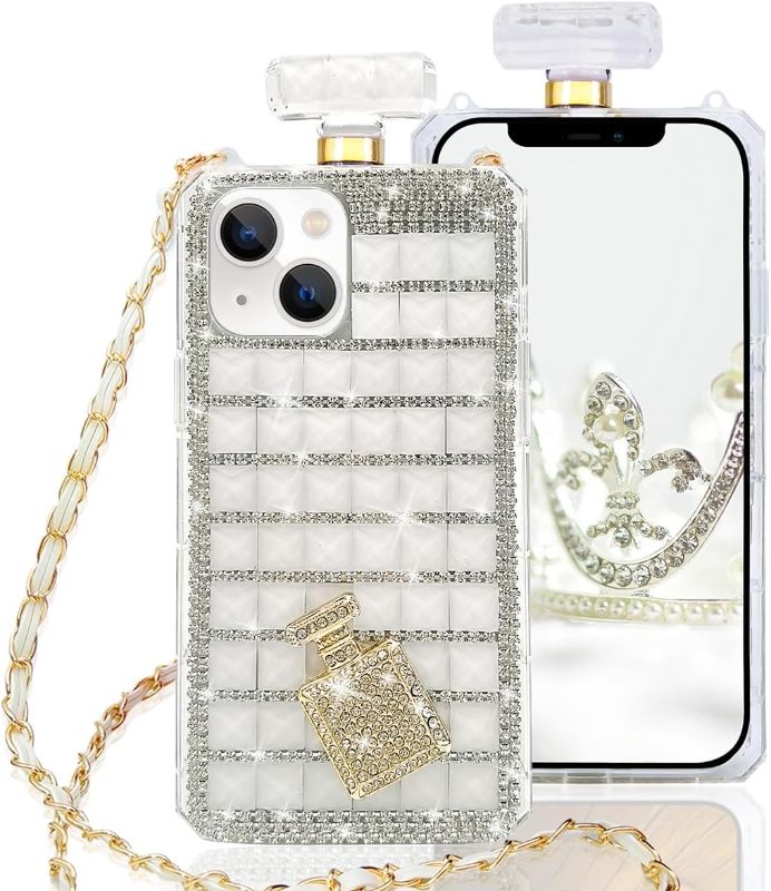 Photo 1 of TINTON Compatible with iPhone 15 Plus Bling Perfume Bottle Case for Women Luxury 3D Elegant Glitter Full Diamond Crystal Rhinestone Gemstone with Crossbody Strap Protective Case White