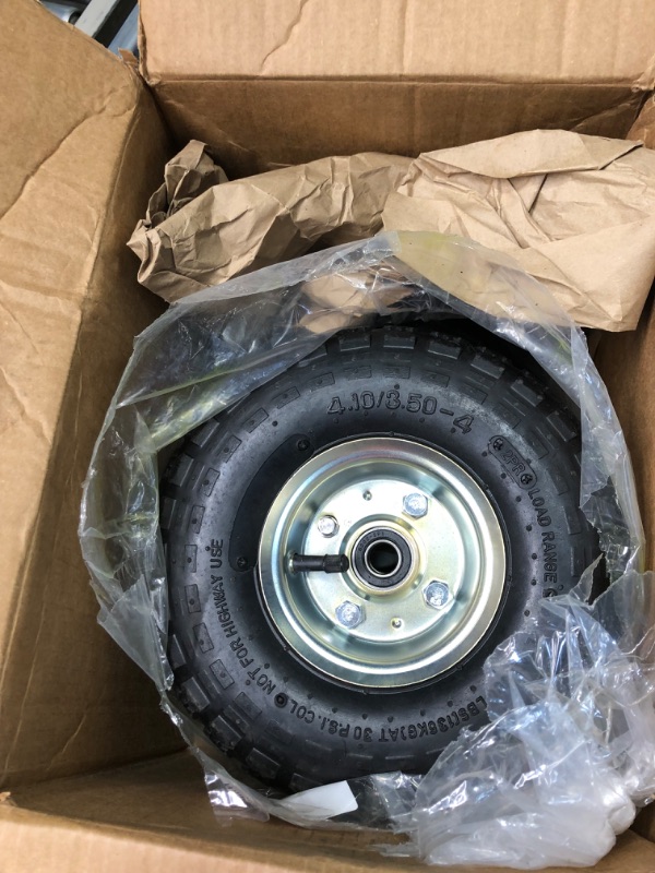 Photo 3 of 4.10/3.50-4" Flat Free Tire and Wheel (4-Pack) - 10 Inch Solid Rubber Tires with 5/8" Bearings, 2.2" Offset Hub - Compatible with Garden Wagon Carts,Hand Truck,Wheelbarrow,Dolly,Utility Cart