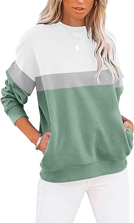 Photo 1 of **USED** TICTICMIMI Women's Casual Long Sleeve Color Block/Solid Tops Crewneck Sweatshirts Cute Loose Fit Pullover with Pockets
