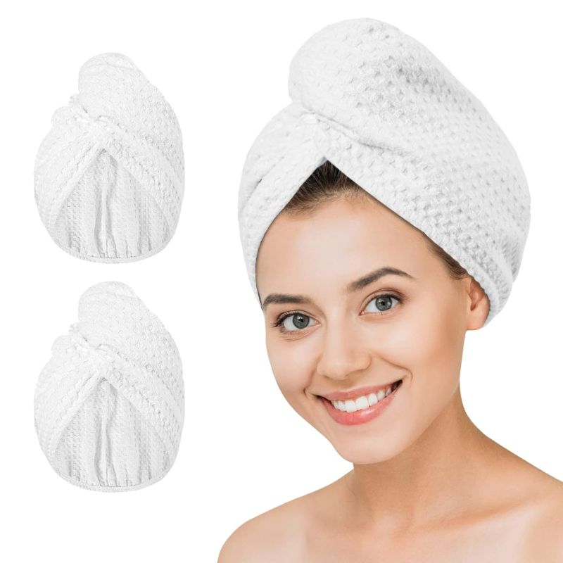 Photo 1 of 
Microfiber Hair Drying Towel - 2Packs Waffle Long Hair Head Turban Wraps Terry Cloth Fast Absorbent Dry Anti Frizz Twist Plopping Curly Shower Turban for Women Wet Hair (White) 