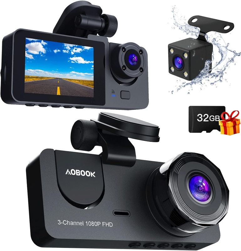 Photo 1 of 3 Channel Dash Camera 1080P Full HD with 32GB SD Card, Car Camera with 2.0’’ IPS Screen, Night Vision, WDR, G-Sensor, Loop Recording, Parking Mode, Motion Detection 