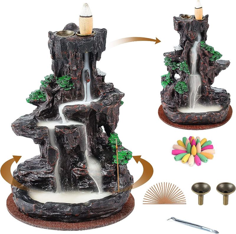 Photo 1 of  Incense Burner, Backflow Incense Holder 2 Sides Waterfall Incense Burnier with 120 Backflow Incense Cones, 30 Incense Sticks, Aromatcherapy Ornamen for Home itchen in the box