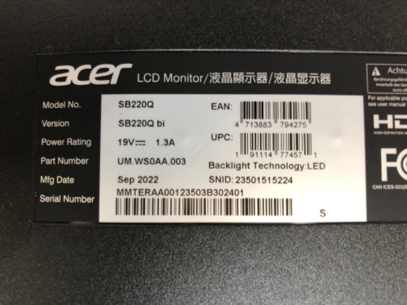 Photo 1 of Acer 21.5 Inch Full HD (1920 x 1080) IPS Ultra-Thin Zero Frame Computer Monitor (HDMI & VGA Port), SB220Q bi