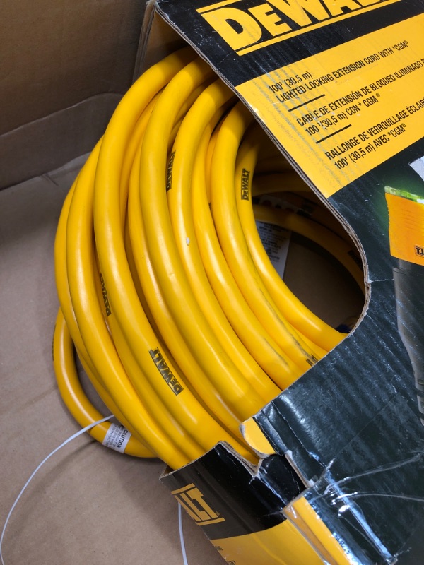 Photo 3 of DEWALT 100 Foot Extension CordLighted Click-to-Lock 10/3 SJTW -Heavy Duty Outdoor, Waterproof, Weatherproof, Heat & Corrosion Resistant Industrial Strength Light Up Three Prong Outlet Plug Power Cord 100 ft