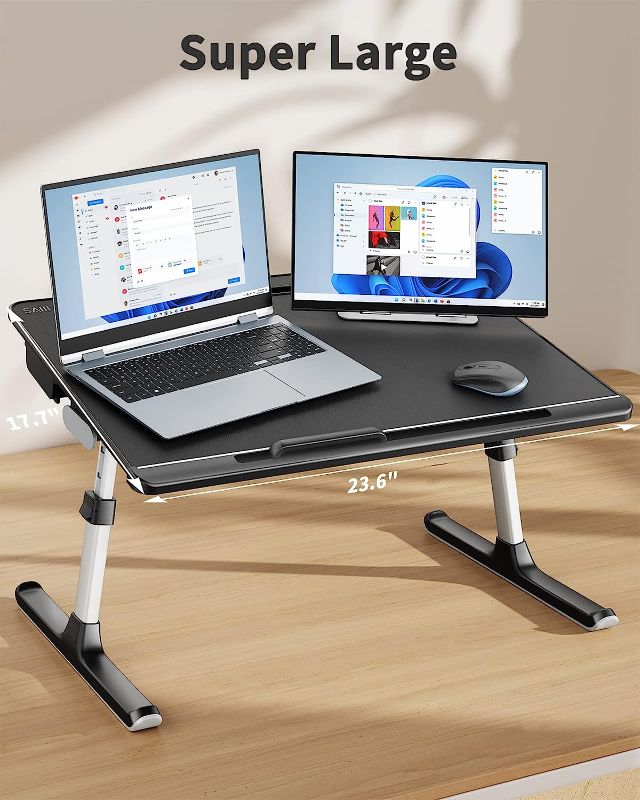 Photo 1 of Laptop Bed Tray Desk, SAIJI X-Large Adjustable Laptop Table, Foldable Laptop Desk with Storage Drawer and Bookstand for Eating, Working, Writing, Gaming, Drawing (Black)
