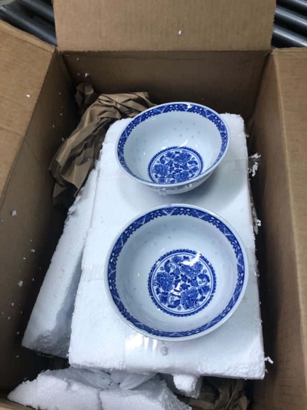 Photo 1 of 10 Pcs Fine Porcelain Blue and White Rice Pattern Bowls, Cereal Bowls, Rice Bowls with Free 10 Porcelain Spoons Jingdezhen China 