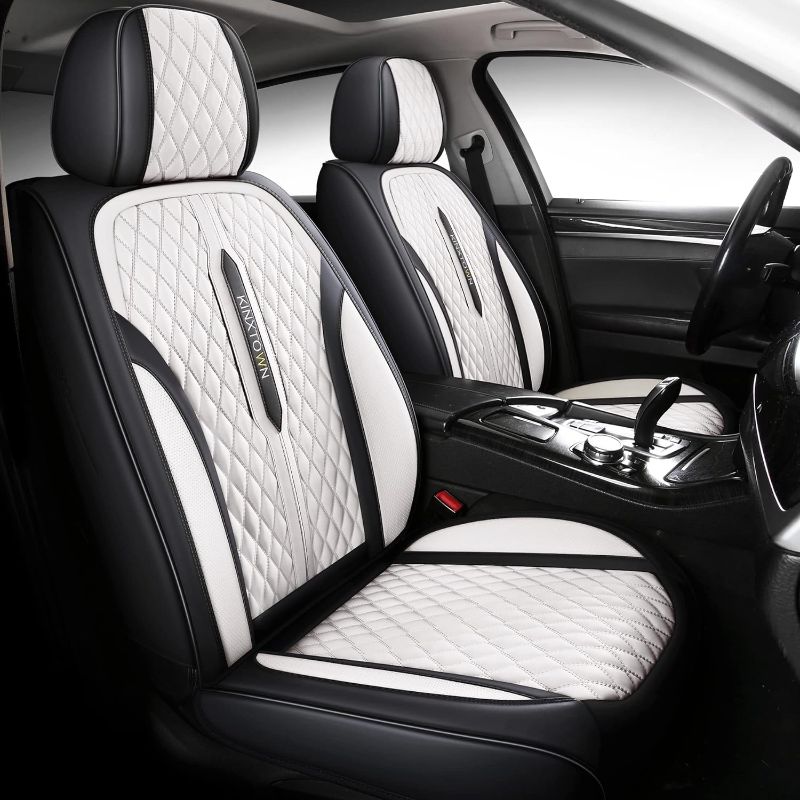 Photo 1 of **USED** LEYJOIN Faux Leather Car Seat Covers Full Set,Leatherette Automotive Vehicle Cushion Covers for 5 Passengers, Universal Fit for Cars SUV and Trucks in Auto Interior Accessories White and Black (Full Set)