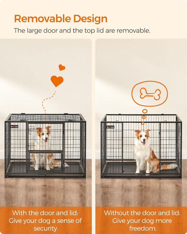 Photo 1 of  Heavy Duty Indestructible Dog Crate Steel Escape Proof, Indoor Double Door High Anxiety Cage, Kennel with Wheels, Removable Tray, 21.7" X 5.9" X30.5".
