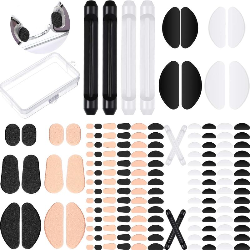 Photo 1 of 68 Pairs Anti-Slip Eyeglass Nose Pads Set, 48 Pairs Soft EVA Foam Self Adhesive Glasses Nose Pads 16 Pairs Black Transparent Silicone Nose Pads, 4 Pairs Temple Tip Sleeve Retainer for Sunglass Glasses
