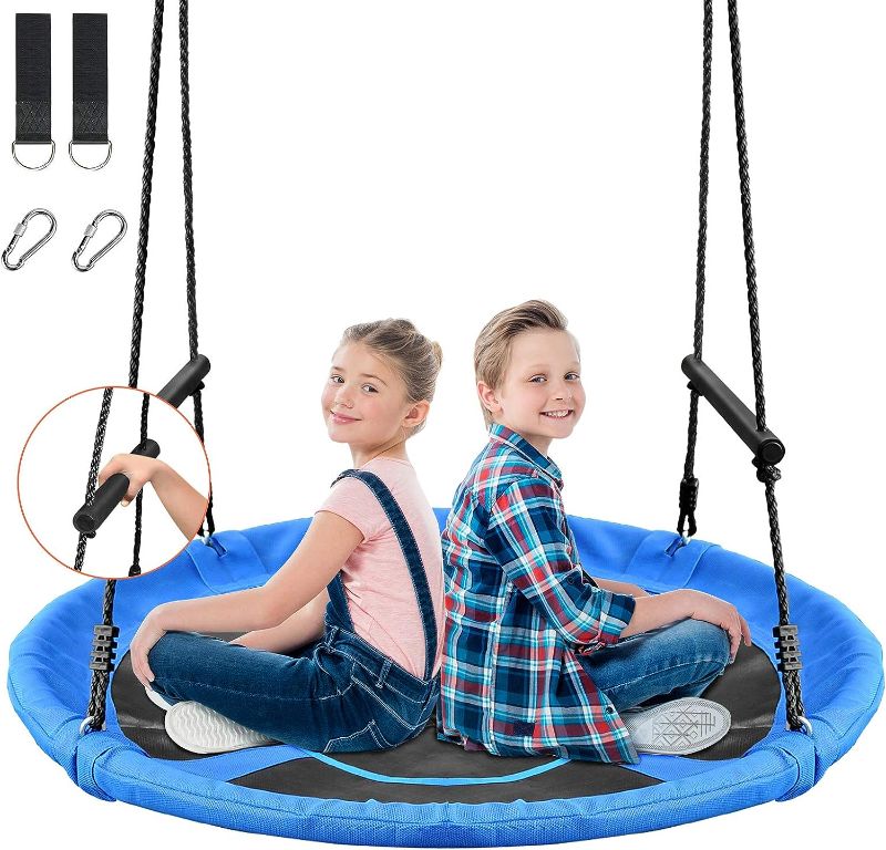 Photo 1 of  Saucer Tree Swing 40 Inch, 700 lb Weight Capacity Outdoor Flying Swing with Tree Strap, 900D Oxford Fabric Waterproof Durable Steel Frame and Carabiner for Playground and Backyard (Blue)
