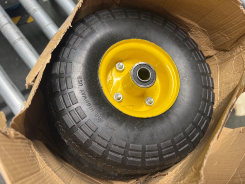 Photo 3 of 4.10/3.50-4 tire and Wheel,10" Flat Free Solid Tire Wheel with 5/8" Bearings,2.1" Offset Hub,for Gorilla Cart,Garden Carts,Dolly,Trolley,Dump Cart,Hand Truck/Wheelbarrow/Garden Wagon(2-Pack)