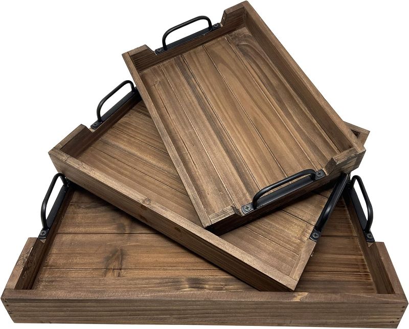 Photo 1 of 3 Piece Decorative Nested Vintage Wood Serving Tray Set For Coffee Table or Ottoman – Rustic Wooden Breakfast Trays For Kitchen, Dining Room, or Living Room – Farmhouse Platter w/Handles – Brown