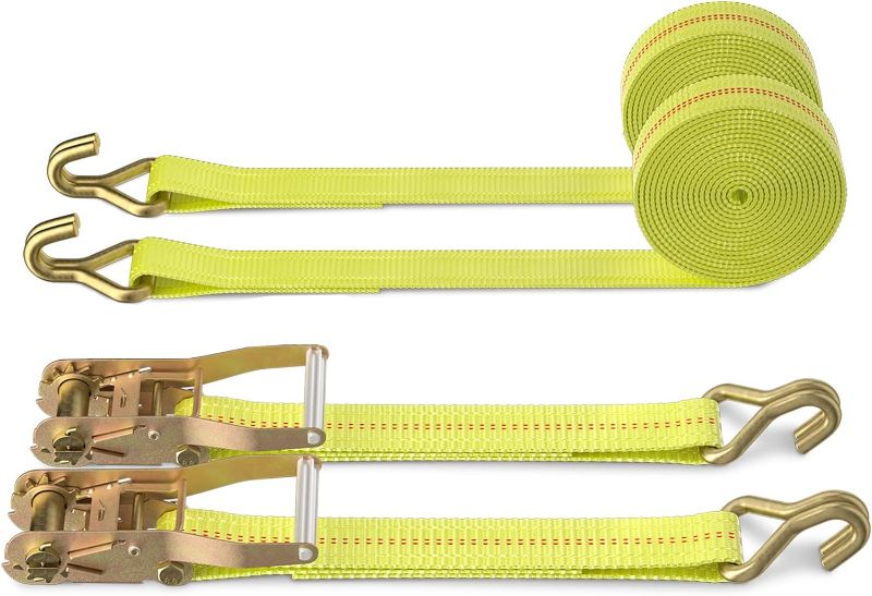 Photo 1 of Autofonder 2" x 27' Ratchet Straps Heavy Duty-3333 LBS Working Load-10000 LBS Break Strength-Double J Hook Cargo Straps Perfect for Moving Appliances, Lawn Equipment and Motorcycles(2 Pack) Yellow
