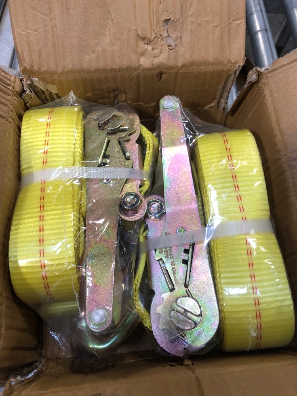 Photo 2 of Autofonder 2" x 27' Ratchet Straps Heavy Duty-3333 LBS Working Load-10000 LBS Break Strength-Double J Hook Cargo Straps Perfect for Moving Appliances, Lawn Equipment and Motorcycles(2 Pack) Yellow
