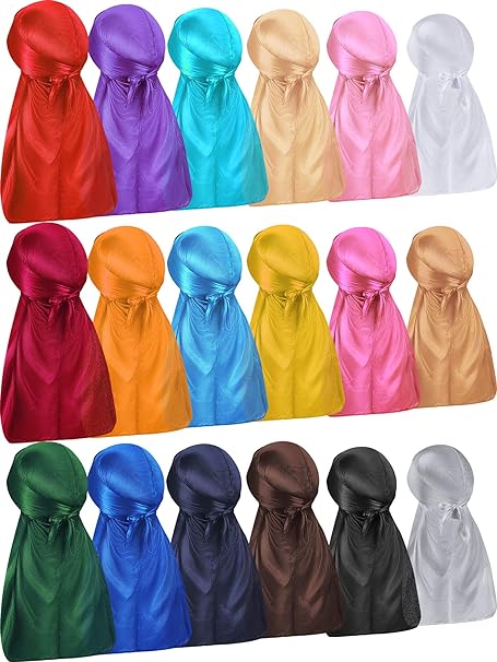 Photo 1 of 18 Pieces Silky Durags Long Tail Headwrap Durag Wide Strap Satin Durag Cap for Men and Women