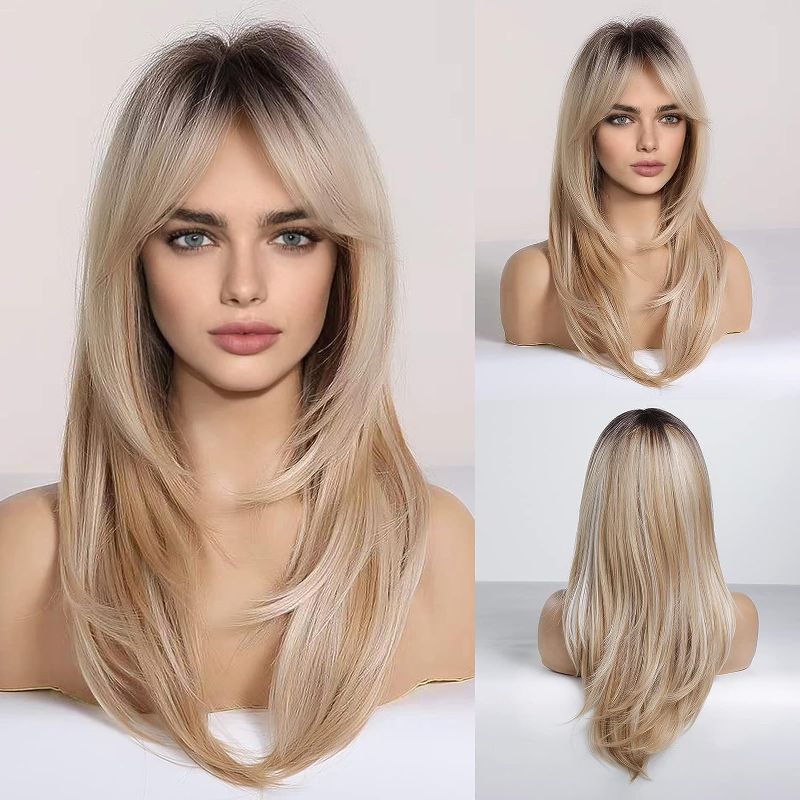 Photo 1 of DAINTY WIG HAIRCUBE Blonde Wigs Long Curly Wigs Shoulder Length Heat Resistant Synthetic Wigs for Women with Bangs