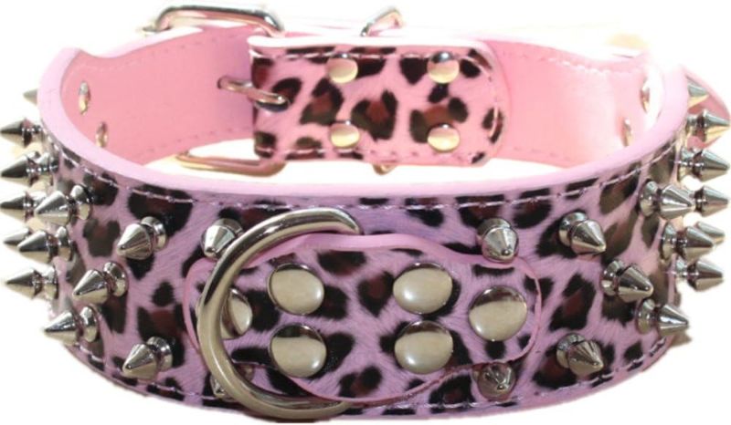 Photo 1 of **USED**  haoyueer 2 inches Wide Leather Spiked Studded Dog Collar Heavy Duty Fit Pitbull, Bulldog, Doberman(Leopard,L)