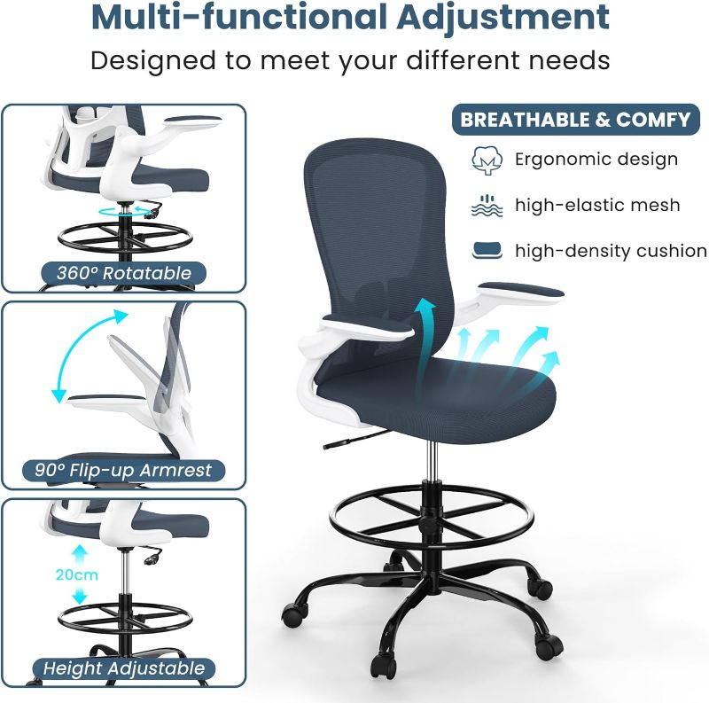 Photo 1 of Office Drafting Chair Tall Office Chairs for Standing Desk Drafting Stool Tall Desk Counter Height Chair Gaming Chairs with Adjustable Foot Ring and Flip-up arms, 