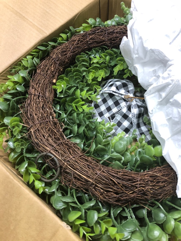 Photo 3 of 20" Faux Round Boxwood Wreath, Vlorart Artificial Boxwood Wreath Front Door Wreaths Artificial Spring Summer Greenery Hanging with A Plaid Bow for Front Door Wall Hanging Window Wedding Party Decor 20inch