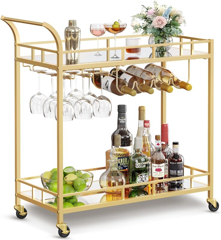 Photo 1 of 
VASAGLE Bar Cart Gold, Home Bar Serving Cart, Wine Cart with 2 Mirrored Shelves, Wine Holders, Glass Holders, for Kitchen, Dining Room, Gold ULRC090A03