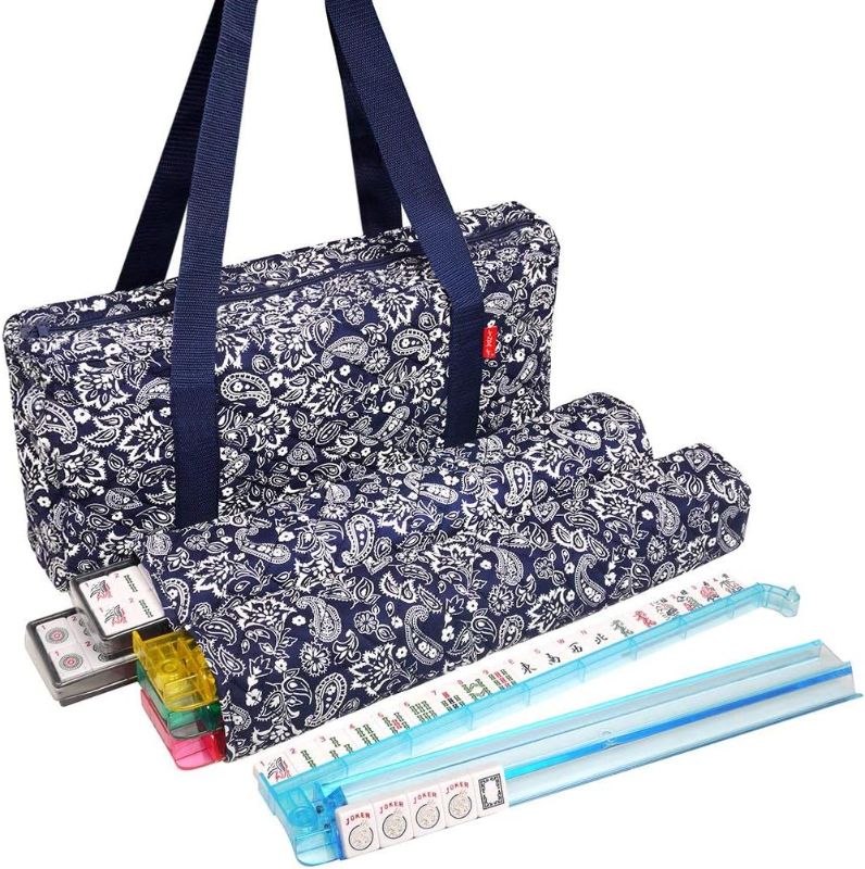 Photo 1 of American Mahjong Set 166 Premium White Tiles, 4 All-in-One Rack/Pushers, Blue Paisley Soft Bag – Classic Full Size Complete Mahjongg Set