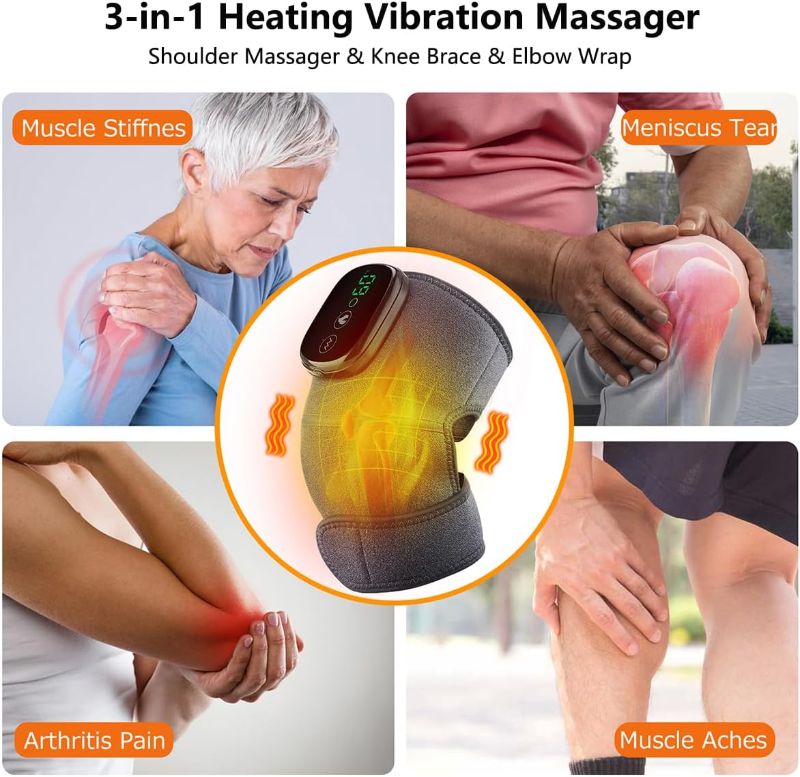 Photo 2 of Heated Knee Massager, 3 in 1 Knee Massager with Heat and Vibration, Portable Cordless Electric Massage Knee Heating Pads Elbow Shoulder Brace Wrap, 3 Vibration Heating Modes and LED Display (Black)