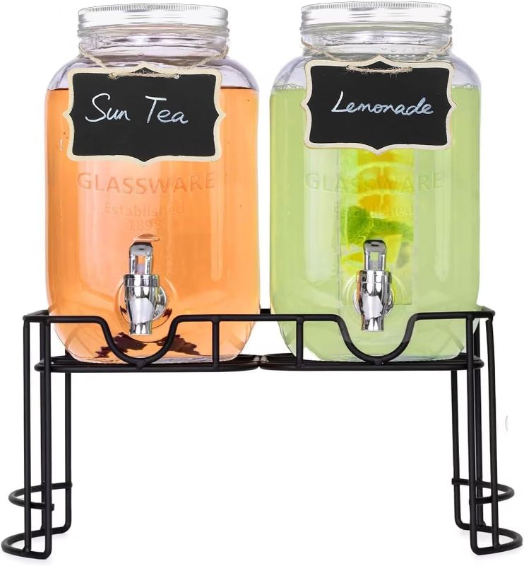 Photo 1 of 1-Gallon Glass Drink Dispenser with Stand(2 Pack) - Beverage Dispenser with Fruit Infuser and Chalkboard for Parties - Laundry Detergent Dispenser with Leak-proof Faucet for Outdoor, Indoor