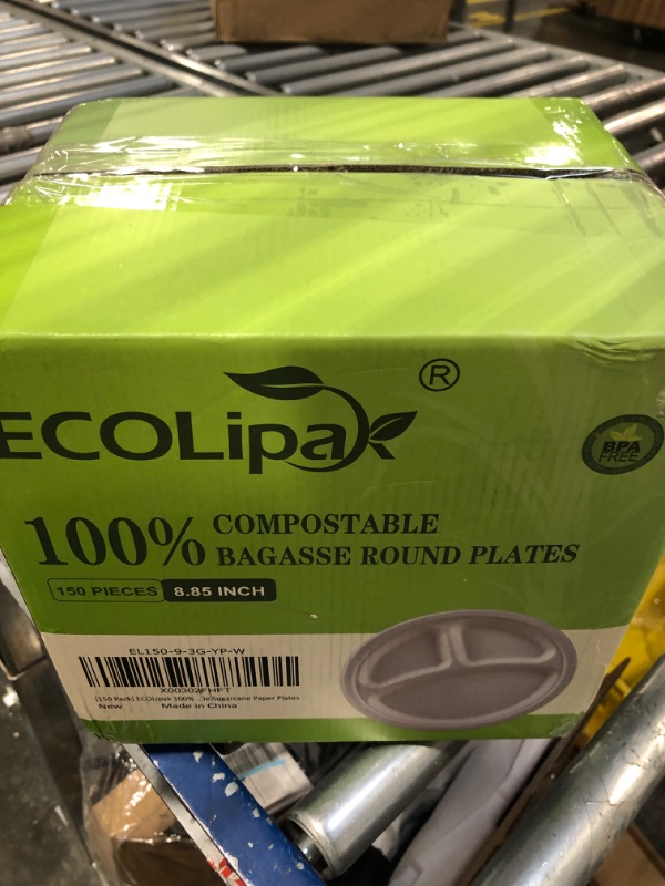 Photo 1 of ECOLipak 150 Pack Compostable 3 Compartment Plates, Heavy-Duty Disposable Biodegradable Paper Plates, 8.85 inch Eco-Friendly Sugarcane Bagasse Plates for Party Dinner 9inch White