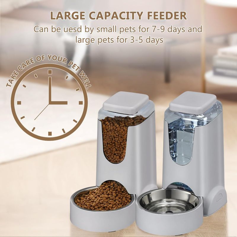 Photo 1 of 2 Pack Automatic Cat Feeder and Water Dispenser with Stainless Steel Dog Bowl Gravity Self Feeding for Small Medium Pets Puppy Kitten 1 Gallon x 2 (Grey)