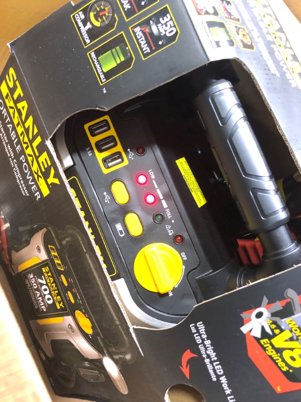Photo 2 of **DAMAGED***STANLEY FATMAX J7CS Portable Power Station Jump Starter: 700 Peak/350 Instant Amps, 120 PSI Air Compressor, 3.1A USB Ports, Battery Clamps