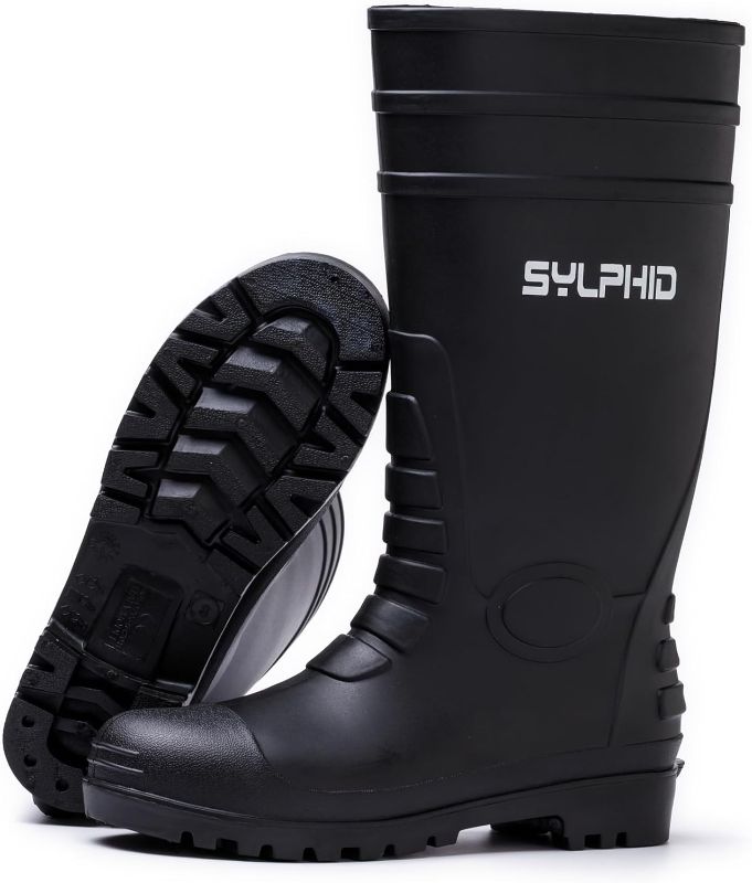 Photo 1 of SYLPHID PVC Rubber Work Boots for Men Waterproof Men's Rain Boots with Steel Toe Steel Shank Mens Agriculture Knee Boots for Gardening Yard Work